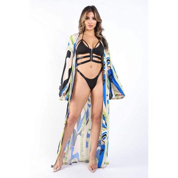 Other - Women's Printed Beachwear Cover Up Swimsuit Long Sleeve Orange & Royal Combo